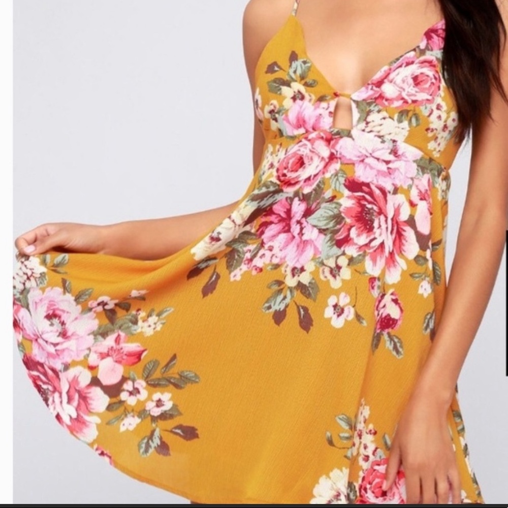 Lulu's Mustard Yellow Floral Mini Dress with Pink Roses